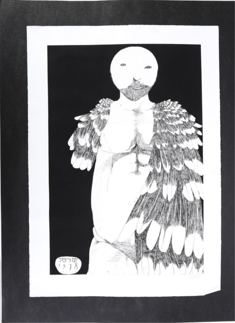 LEONARD BASKIN (1922-2000): "Yom Kippur Angel". Signed and dated in image with Hebrew inscription, "...1978 Baskin", pencil signed and numbered across lower margins, "Baskin 51/150", etching, 35 x 23 3/4 inches (plate), 41 1/4 x