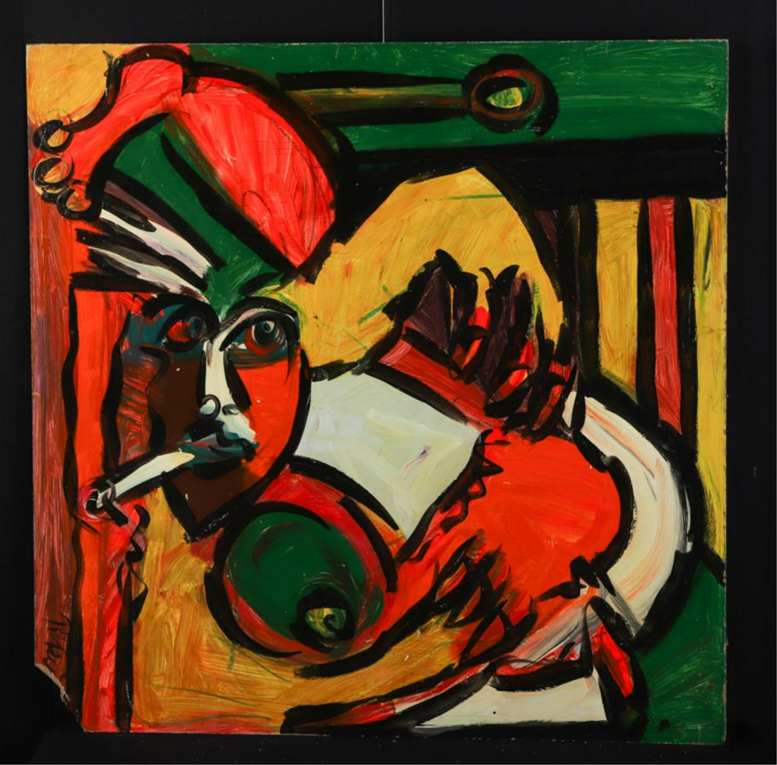 PETER ROBERT KEIL (German b. 1942): Recumbent nude smoking a cigarette. Signed lower right "P.Keil", oil on artists board, 36 x 36 inches. The Postar Collection