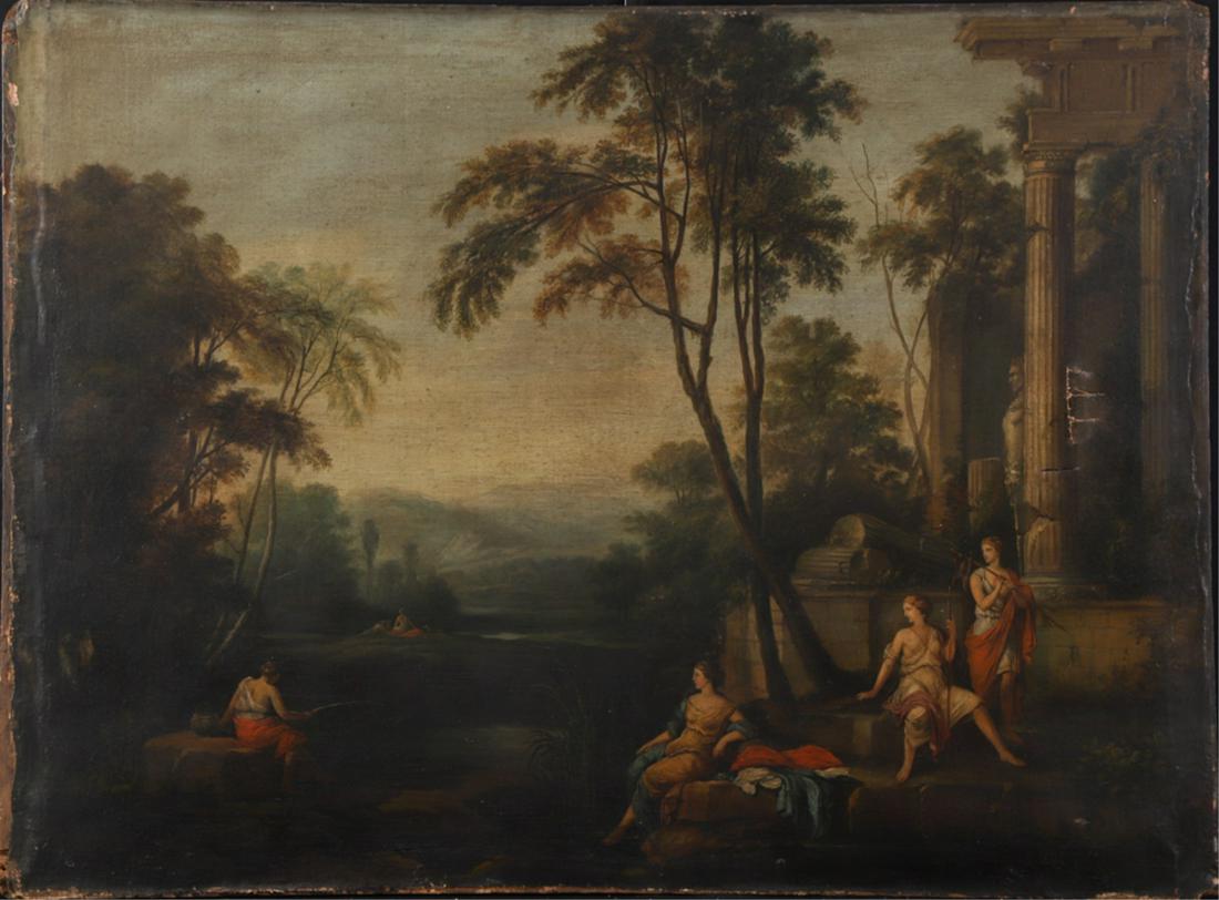 AFTER PIERRE ANTOINE PATEL (1648-1707): " Arcadian landscape with Resting Maidens" oil on canvas. 33 x 44 inches. unsigned. unframed. The Postar Collection