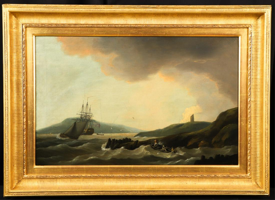 THOMAS LUNY (1759-1837): "Rough Harbor" oil on canvas 18 x 28 inches signed and 1792. Presented in a custom gold leaf frame 26 x 36 inches (overall)