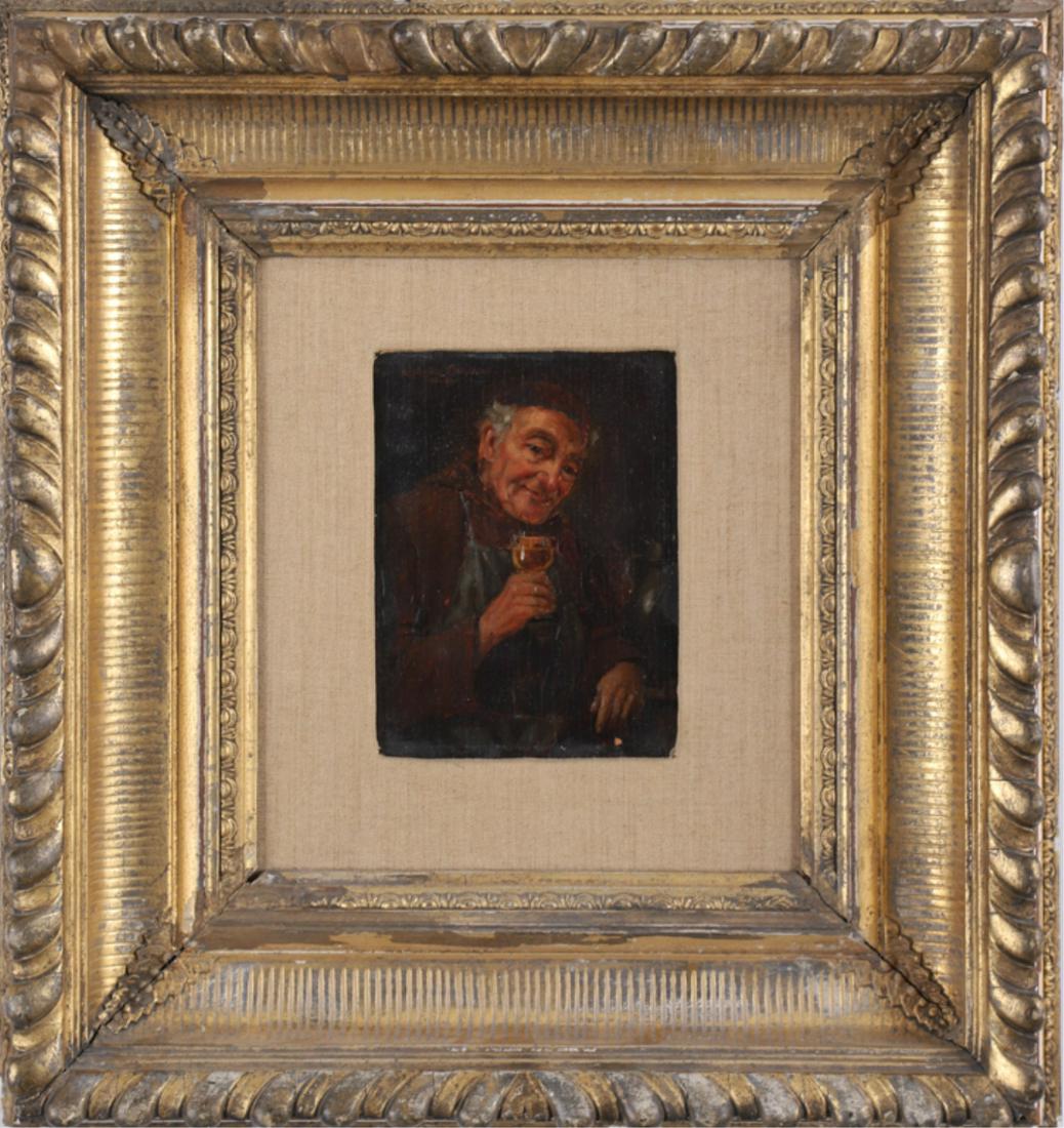 (19th c) GERMAN SCHOOL: "Monk with Glass of Wine" oil on panel 6 1/4 x 5 1/4 inches. signed Ruhstorter Landshut. framed 17 x 16 inches (overall)
