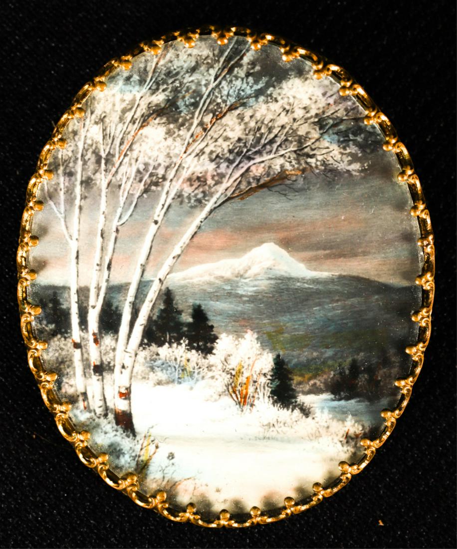 WHITE MOUNTAIN SCHOOL / MT WASHINGTON: Miniature watercolor mounted to a brooch. 1 7/8 x 1 1/2 inches (overall)