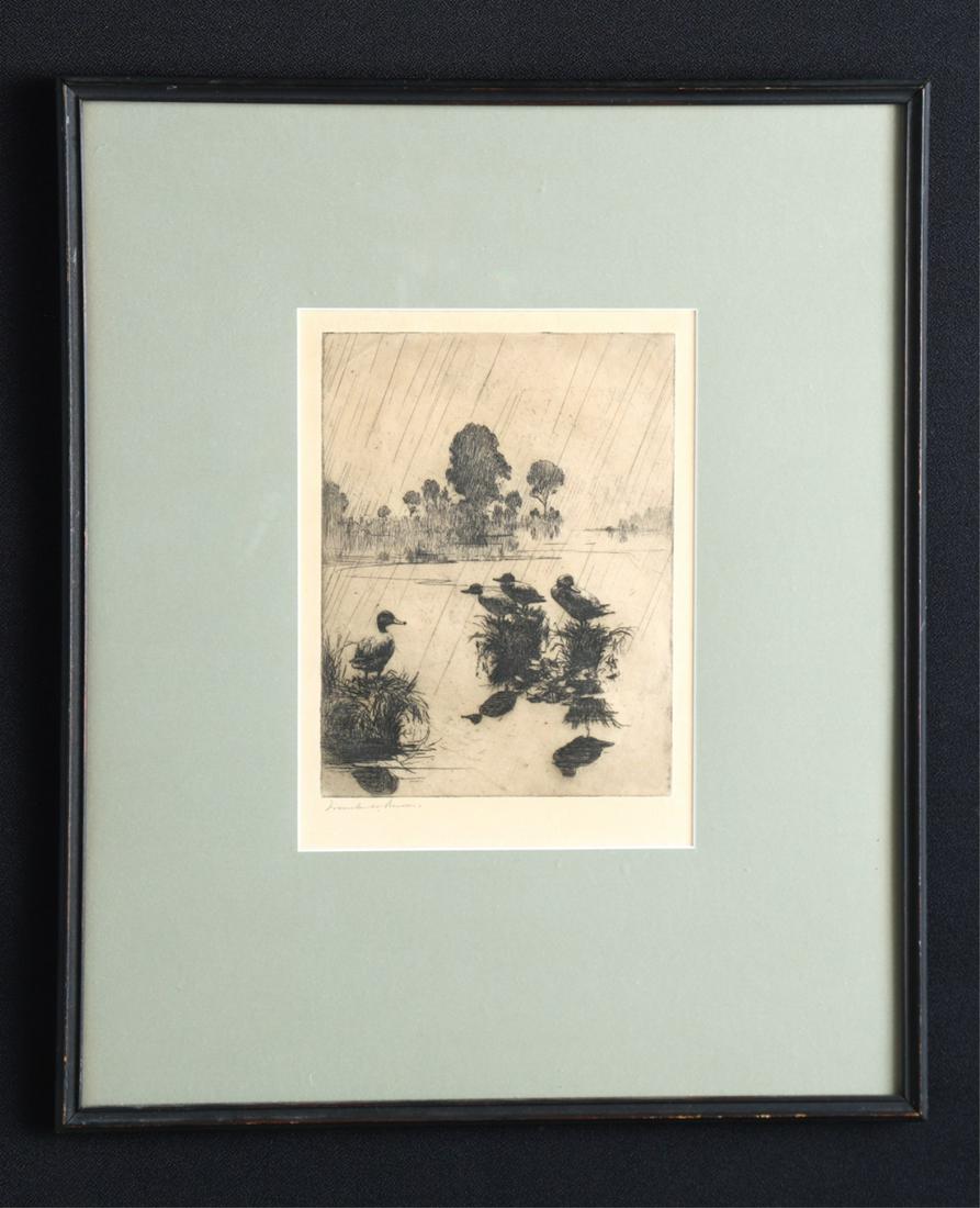 FRANK BENSON (1862-1951): "Ducks in the Rain, 1918" Paff 147. etching 8 x 6 inches. signed. framed 17 1/2 x 14 1/2 inches (overall)