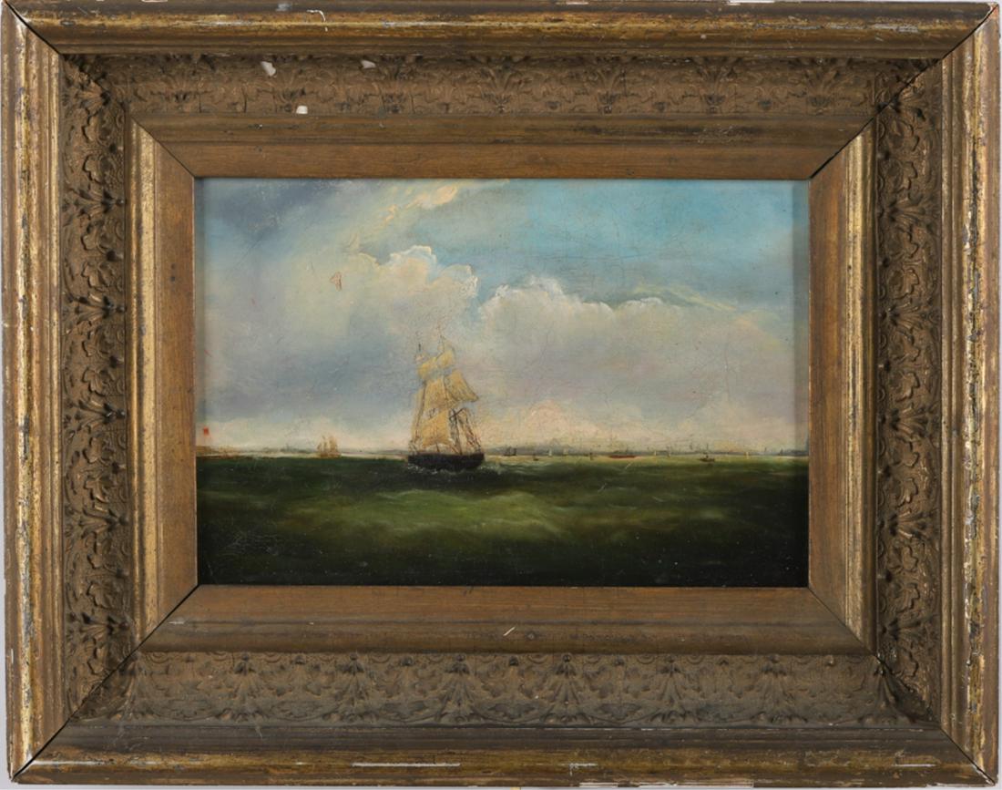 ATTRIBUTED TO CLEMENT DREW (1806-1889): "Ship Leaving Boston Harbor" oil on canvas 7 x 10 inches. unsigned. framed 11 1/2 x 14 1/2 inches (overall)