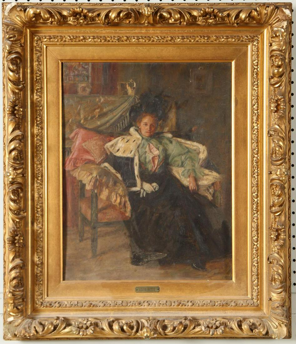 LOUIS BETTS (1873-1961): "Victorian Woman" oil on paper board 18 1/2 x 14 1/2 inches. signed and dated '96. framed 27 1/2 x 23 1/2 inches (overall)