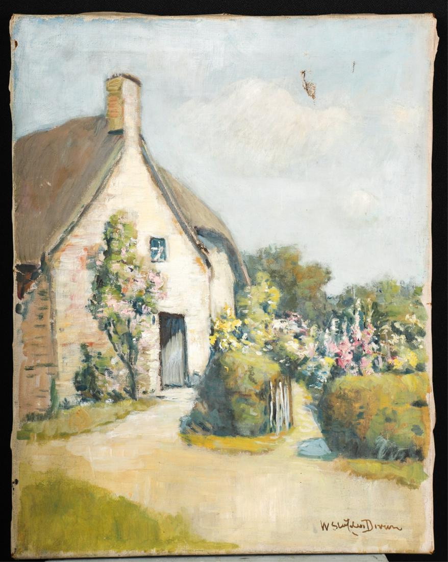 W. STAPLES DROWN (1856-1915): "The Cottage Garden" oil on canvas 18 x 14 inches. signed. unframed