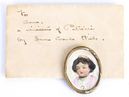 LAURA COOMBS HILLS (1859-1952) "Patricia": Portrait miniature of Laura Hills' wax headed doll. watercolor on paper. 1 1/2 x 1 inches. Presented in its original gift envelope inscribed "For, Anne- a miniature of Patricia by Laura Coombs Hills"