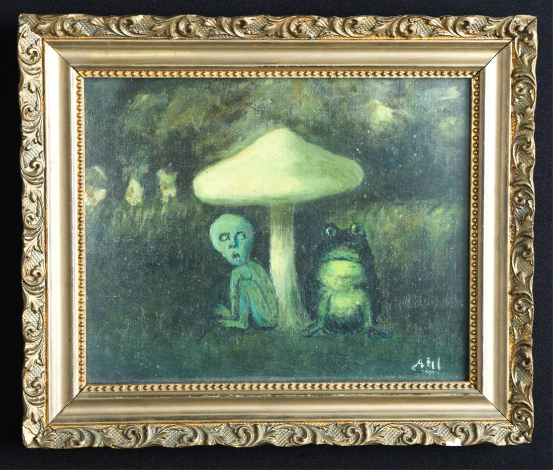 HENRY HAMMOND AHL (1869-1953): "Elf and Frog" oil on canvas board. 8 x 10 inches. signed and titled verso. framed 10 3/4 x 12 3/4 inches (overall)