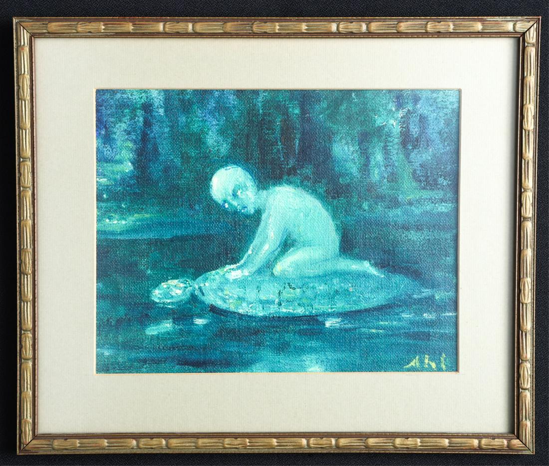 HENRY HAMMOND AHL (1869-1953): "A Fantasy" oil on unstretched canvas. 7 x 9 inches. signed and titled verso. framed 10 1/2 x 12 1/2 inches (overall)