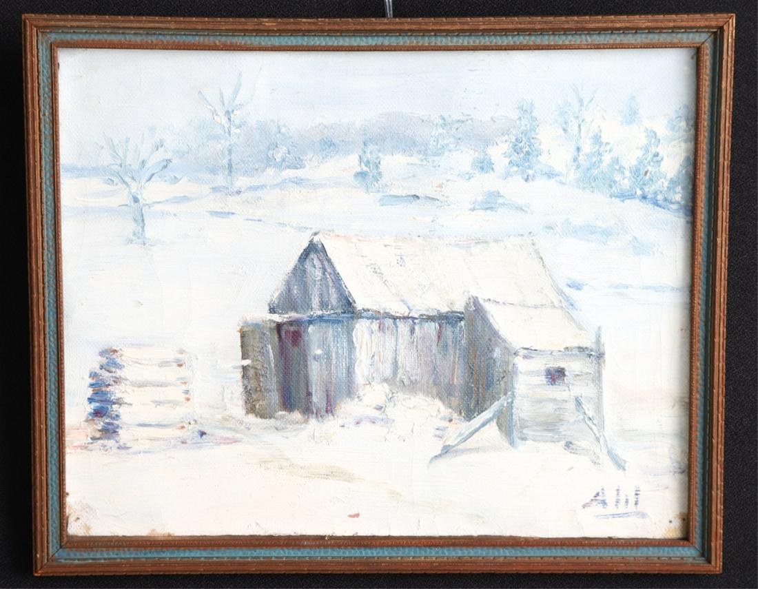 HENRY HAMMOND AHL (1869-1953): "Winter" / Christmas 1930" oil on unstretched canvas 8 x 10 inches.signed and inscribed verso. framed