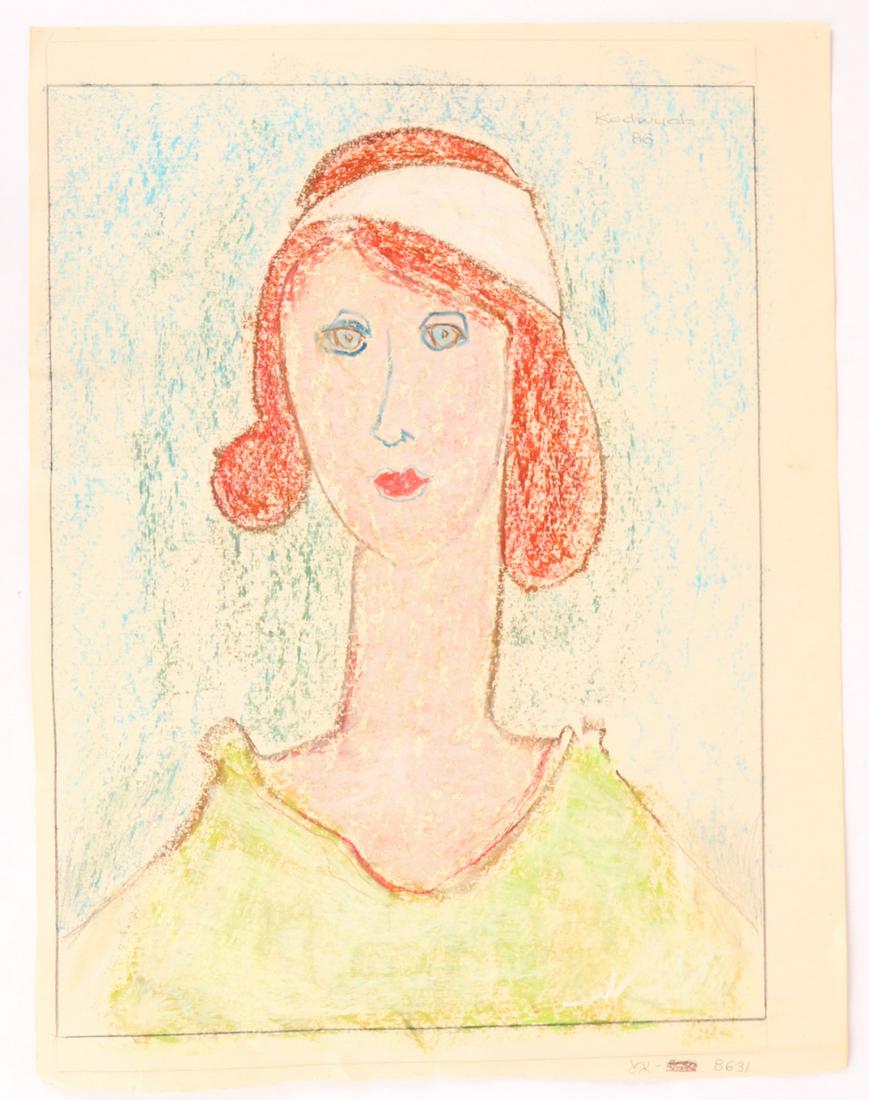 JON KODWYCK (1917-2006): "Portrait of a Woman with Red Hair" crayon on paper 16 x 12 inches (image) signed recto and verso 1986. unframed