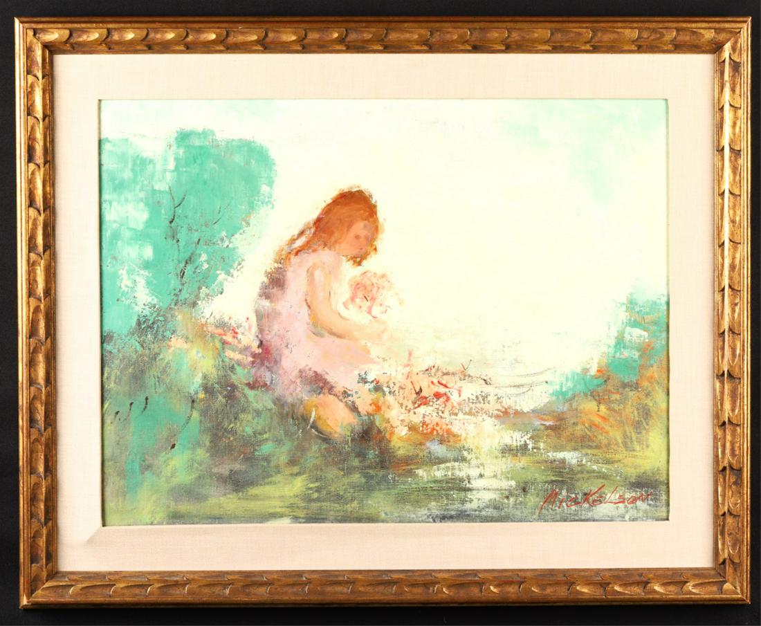 JIM MICKELSON (1926-1998): "Young Girl Picking Wild Flowers" oil on canvas 18 x 24 inches. signed. framed 24 x 30 1/2 inches (overall)