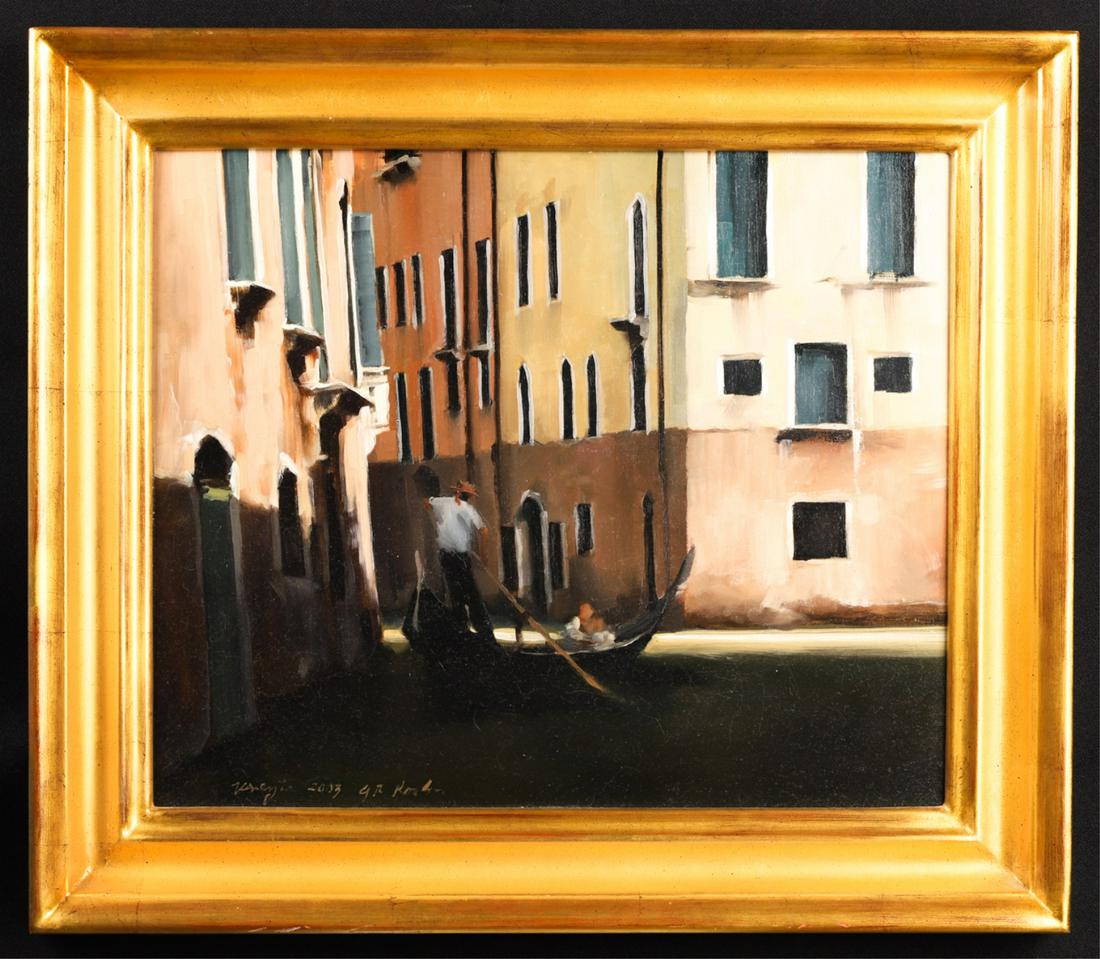 GARY KORLIN (b. 1956): "Venezia, Love in the Afternoon" oil on board 15 x 18 inches. signed and dated 2003. framed 19 1/2 x 23 inches (overall). *n.b. Purchased at the Walsingham Gallery, Newburyport in 2003 for $3150.
