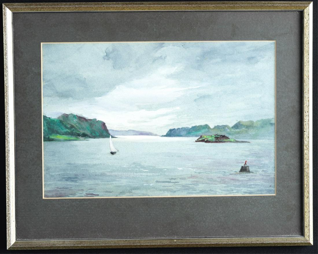 HELEN NICOLAY (1866-1954): "The Shore at Oban, Scotland" watercolor 9 x 14 inches. framed 14 1/2 x 18 1/2 inches. Titled by the artist verso. There is also a photocopy of what is presumably written on the back of the artwork.
