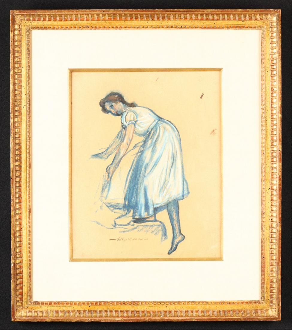 ARTHUR BOWEN DAVIES (1862-1928): "Girl in Blue" pastel. 12 x 9 1/2 inches (sight) estate stamp signed, James Graham & Sons Madison Ave. New York label verso. custom framed 20 x 17 1/4 inches (overall)