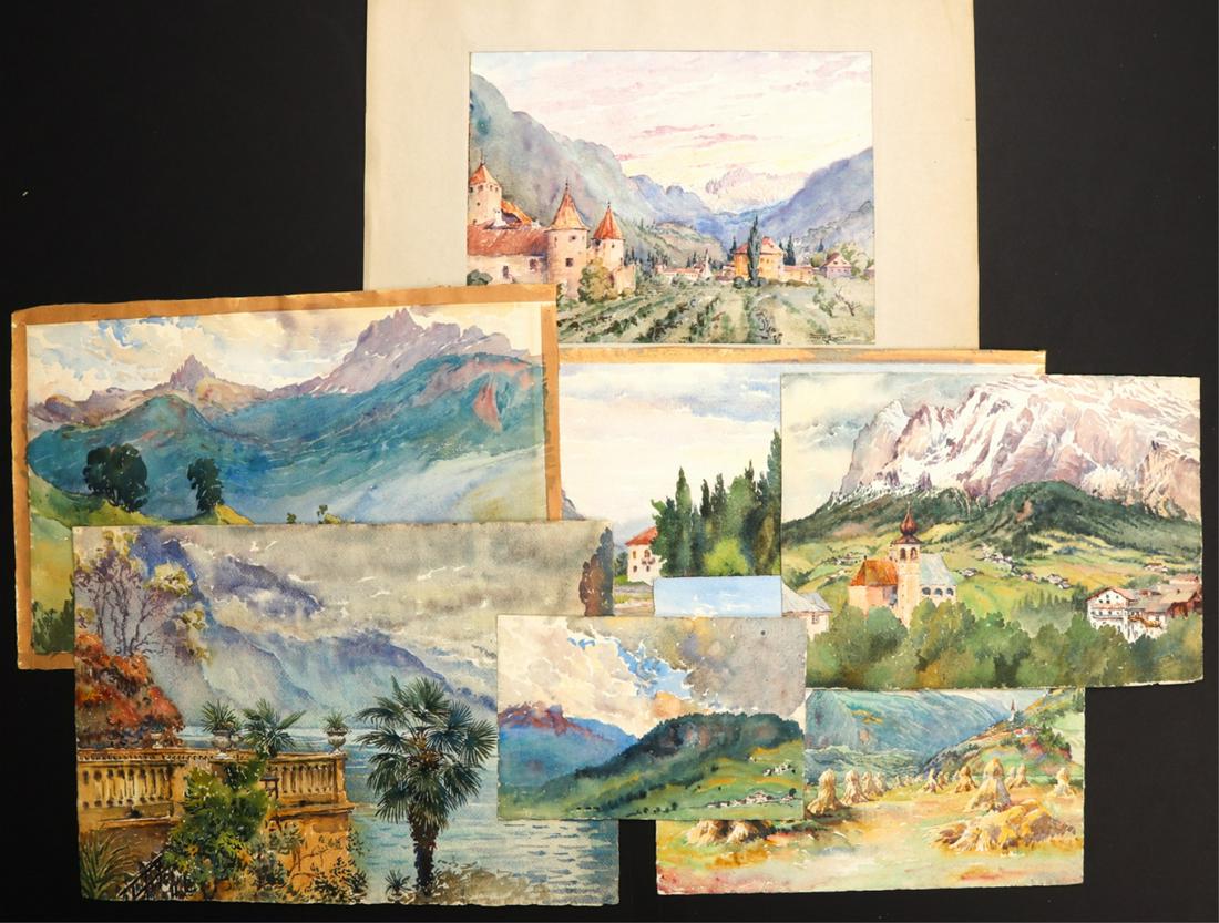 JANE C. STANLEY (1863-1940) (7) EUROPEAN WORKS: (4) Signed "Schloss Maretsch & Rosegarten", "Monastery of St. Francisco from the Sea", the others unidentified. 14 x 20 inches (and under) Note: Stanley is the daughter-in-law of John Mix Stanley and 