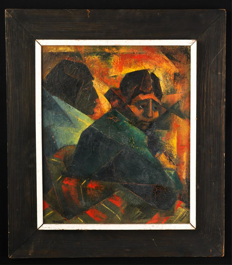 JANE EDMONDS (Mid 20th c) Artist with Disabilities: "Native Americans" oil on canvas 24 x 20 inches. signed and dated 1954. framed 33 x 29 inches (overall). N.B. Exhibition label verso from the Baltimore Museum of Art.