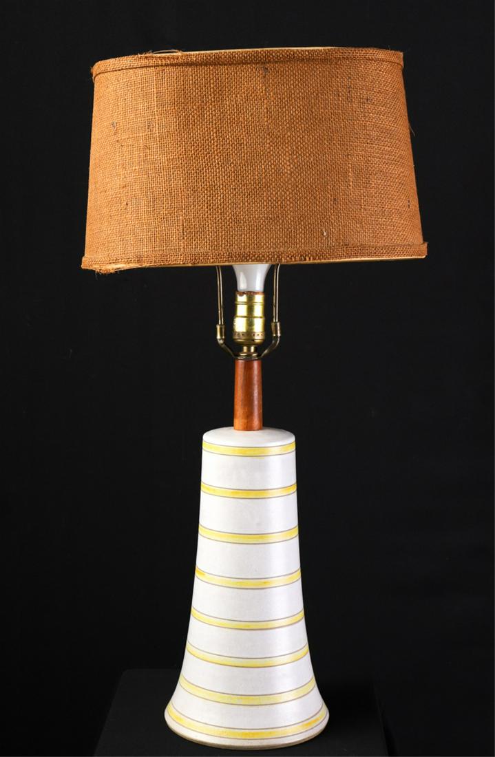 GORDON & JANE MARTZ CERAMIC TABLE LAMP: Glazed earthenware with turned wood style and finial. signed in glaze. 28 inches (to top of finial)