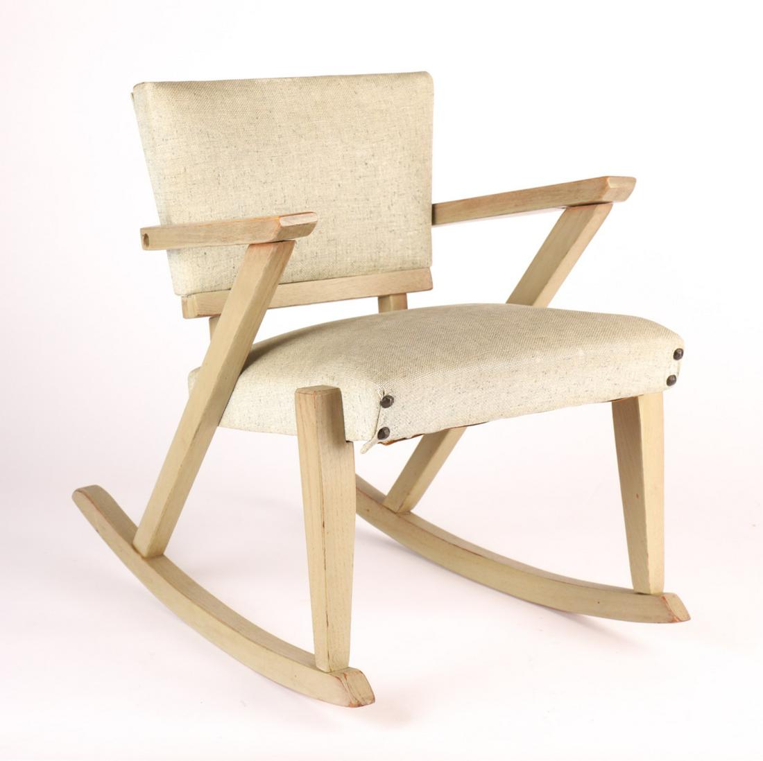 MID-CENTURY MODERN CHILD'S ROCKING CHAIR: Original upholstery and grey wash finish. unsigned / label not present. 20 x 16 1/2 x 16 inches