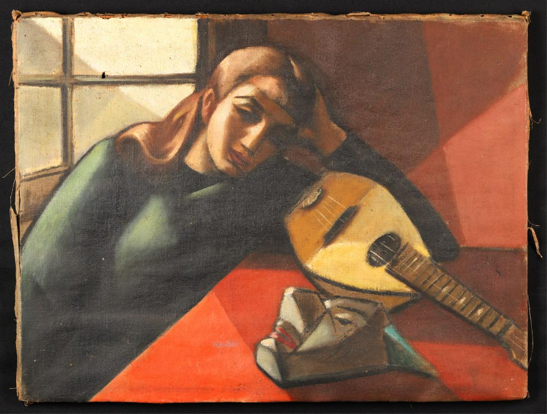 AMERICAN SCHOOL (Mid 20th Century): "Young Woman with Mandolin" oil on canvas 24 x 32 inches. unsigned, unframed