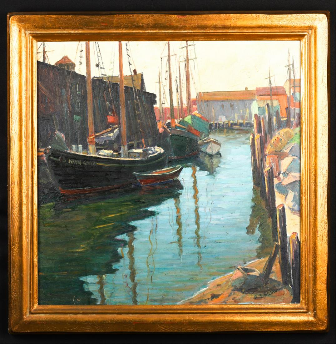 ROLAND S. STEBBINS (1883-1974): "Gloucester Fishing Boats" oil on canvas 25 x 25 inches. signed. framed 30 x 30 inches (overall)
