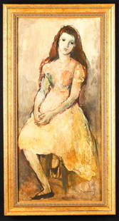 WILLIAM MEYEROWITZ (1887-1981): "Full Length Portrait of a Young Girl Seated" oil on panel- probably Masonite. 27 x 13 inches. signed. framed 30 1/2 x 16 inches (overall)