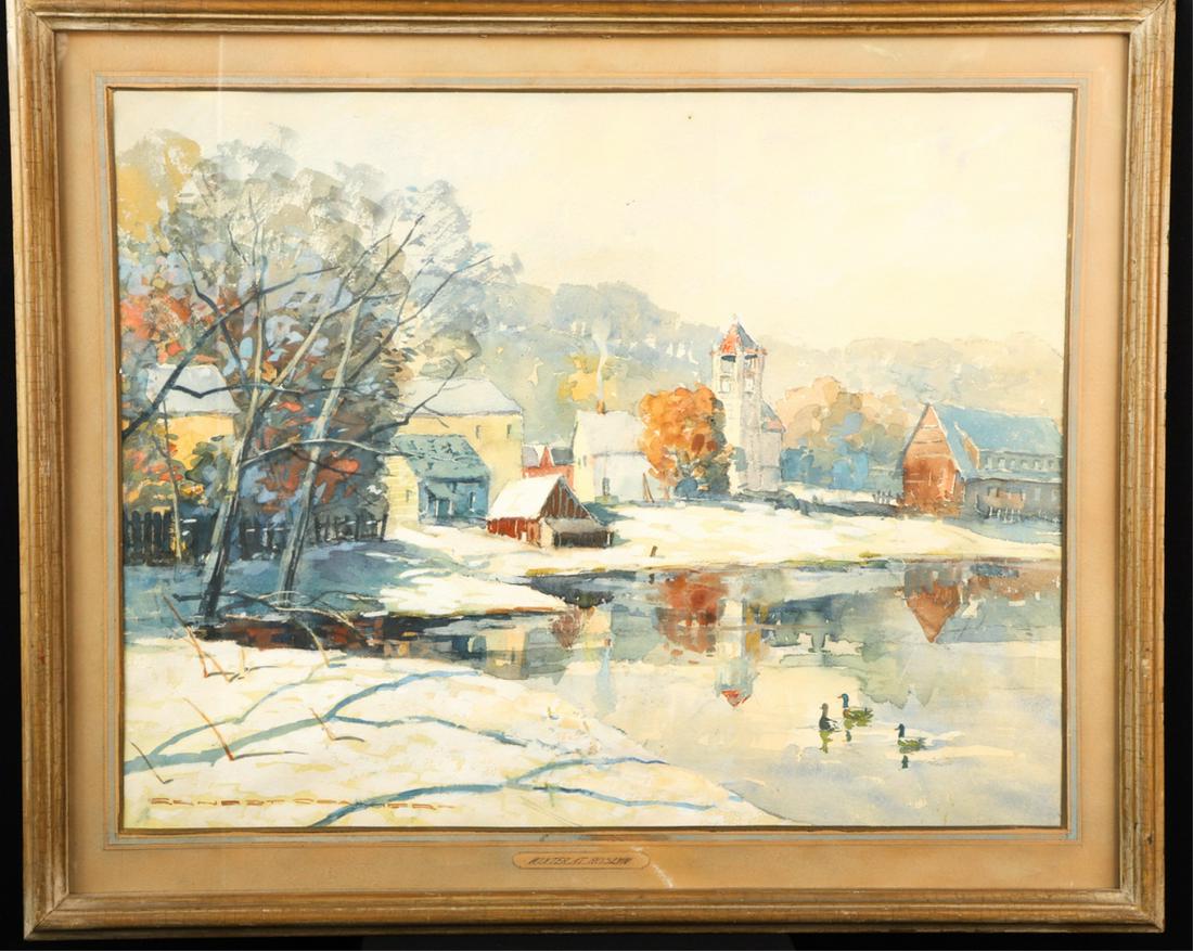 ERNEST CORNELIUS EDWARD CRAMER (1877-1953): "Winter at Roslyn" (possibly Gerry Park) gouache 20 x 25 1/2 inches. signed Ernest Cramer and titled on frame 25 1/2 x 31 inches (overall)