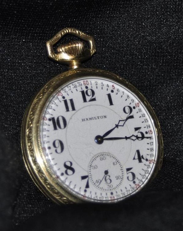 Hamilton Watch Company grade 974 open-faced rail: Hamilton Watch Company grade 974 open-faced railroad style pocket watch with double-sunk Montgomery dial, 16 size, gold filled case with screwed back and bezel, 17 jewels, 50mm diameter In good runnin