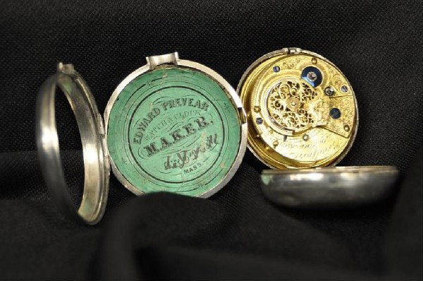 Bradford, London, silver pair-cased verge fusee : Bradford, London, silver pair-cased verge fusee pocket watch #3619, 49mm diameter, with numerous watch papers documenting repairs from 1831 to 1866 by Leverett Sawyer and Jesse Smith in Salem, as well