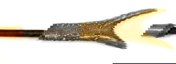Sword cane with decorated blade and stag horn hand: Sword cane with decorated blade and stag horn handle and bamboo shaft, handle 7", overall 37 1/2"
