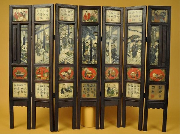 Fine Chinese miniature seven section folding scree: Fine Chinese miniature seven section folding screen hand decorated jade quality panels of landscape scenes verso (twenty-eight panels total) 26" X 34"