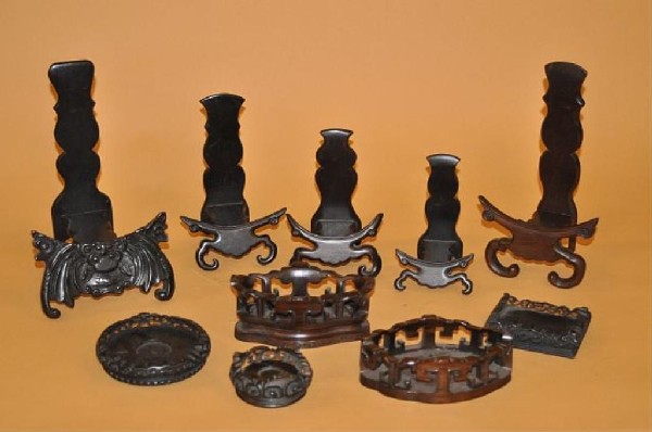 Ten miscellaneous Asian bases and stands, all carv: Ten miscellaneous Asian bases and stands, all carved wood, various sizes
