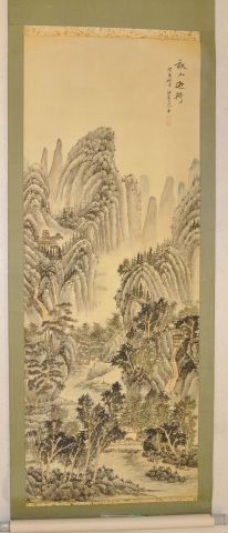 20th Century Ca 1940's Japanese scroll with scens: 20th Century Ca 1940's Japanese scroll with scens of mountains, signed upper right, 55" x 20" Provenance: From a family whose father was with the Civil Service for 35 yrs. and was a G.S. 19 rank, whic