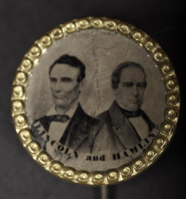 Rare political stick pin campaign button, Lincoln: Rare political stick pin campaign button, Lincoln and Hamilton, 7/8" dia