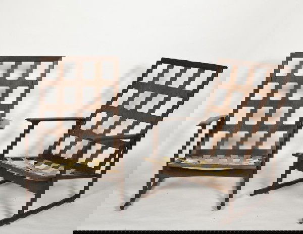 Pair of 1950/60's Danish walnut modernism chairs w: Pair of 1950/60's Danish walnut modernism chairs with original cushions and original upholstery made and finished in Denmark, imported by Selig, on red and white label