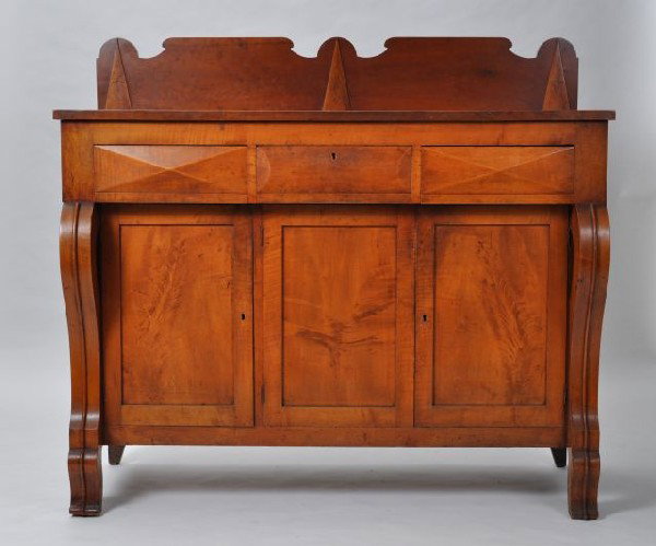 Wonderful transitional Empire cherry and tiger map: Wonderful transitional Empire cherry and tiger maple, possibly Connecticut area server, with diamond shaped drawer fronts, birch panel doors
