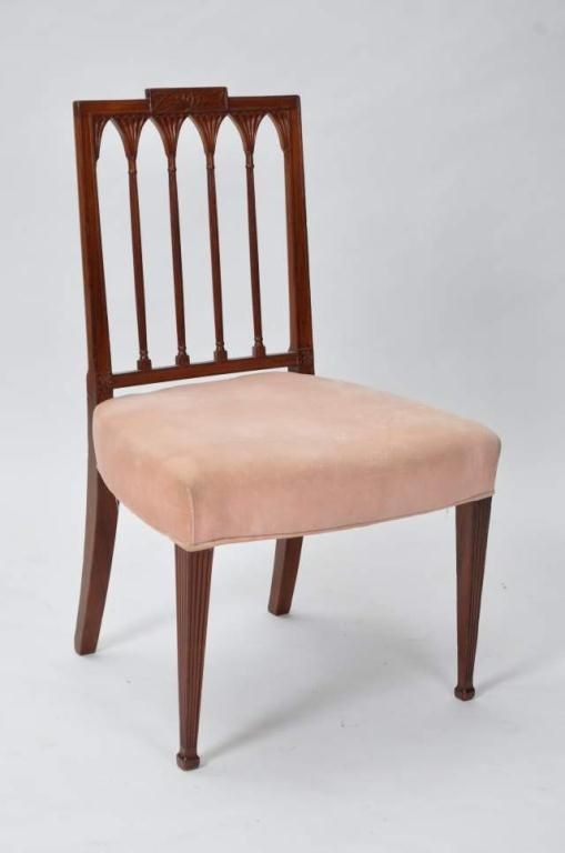 Massachusetts Hepplewhite side chair with fluted t: Massachusetts Hepplewhite side chair with fluted tapered legs, mahogany upholstered seat