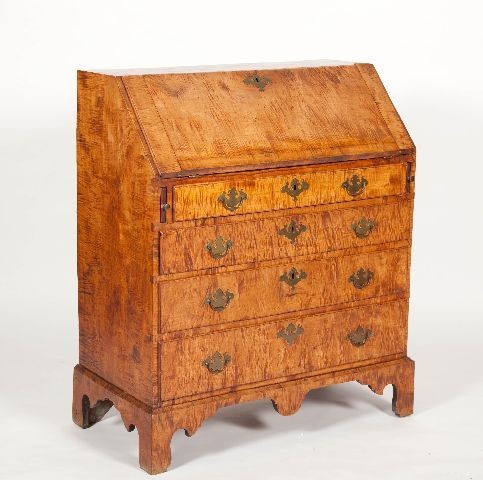 18th C Chippendale tiger maple drop front desk wit: 18th C Chippendale tiger maple drop front desk with applied bracket base, multi drawer interior, old brass, great tiger maple wood