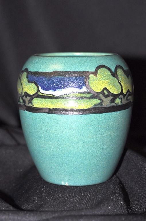 Early 20th C Saturday Evening Girl pottery, three: Early 20th C Saturday Evening Girl pottery, three color vase, artist signed, CG, 4 3/4"h