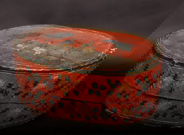 Pennsylvania German brides box with great old pain: Pennsylvania German brides box with great old paint, floral borders, hunting scene on top with German writing, two men with a dog on a hunting trip