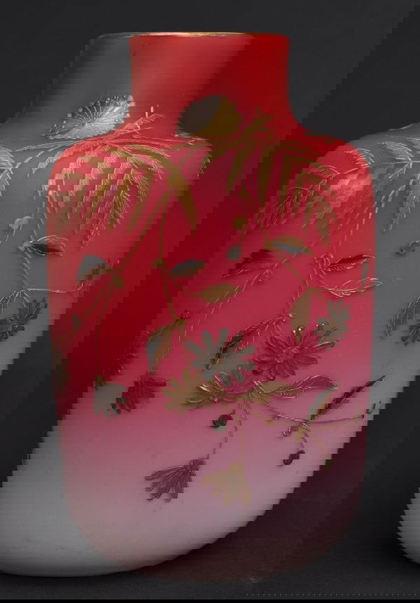 Victorian enamel decorated satin vase attributed t: Victorian enamel decorated satin vase attributed to Thomas Webb. Height: 7 1/2"