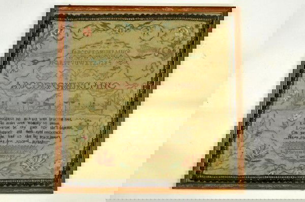 19th C colorful needlework sampler with birds, flo: 19th C colorful needlework sampler with birds, flower, trees and animals, 13 1/2"sq