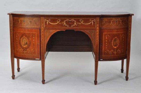 Late 19th C English mahogany Edwardian style serve: Late 19th C English mahogany Edwardian style server with elaborate marquetry inlays with Delft flowers, bows and swags, wonderful inlay with tapered spade feet