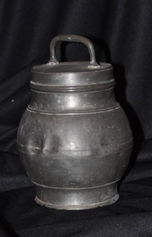 Continental 19th C pewter covered jar, 7 1/2"h: Continental 19th C pewter covered jar, 7 1/2"h
