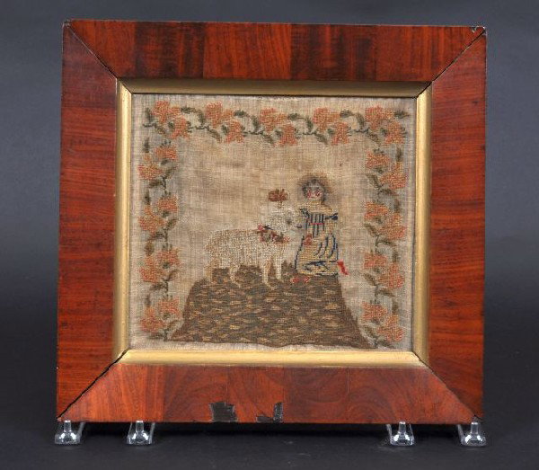 English needlework picture of a young girl with la: English needlework picture of a young girl with lamb, "Mary had a Little Lamb", border with flowers, original frame