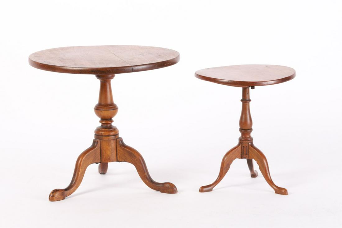 (2) MINIATURE QUEEN ANNE STYLE TEA TABLES: Smaller cherry wood with tilt top 9 1/4 x 7 3/4 inches. Mahogany example 10 1/2 x 11 1/2 inches