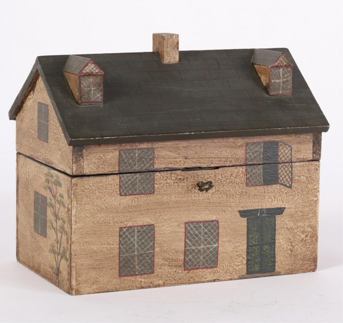 HINGED FOLK ART BOX IN THE FORM OF A COLONIAL HOME: (Late 20th c) Hand crafted and painted. 9 1/2 x 10 1/2 x 6 1/2 inches
