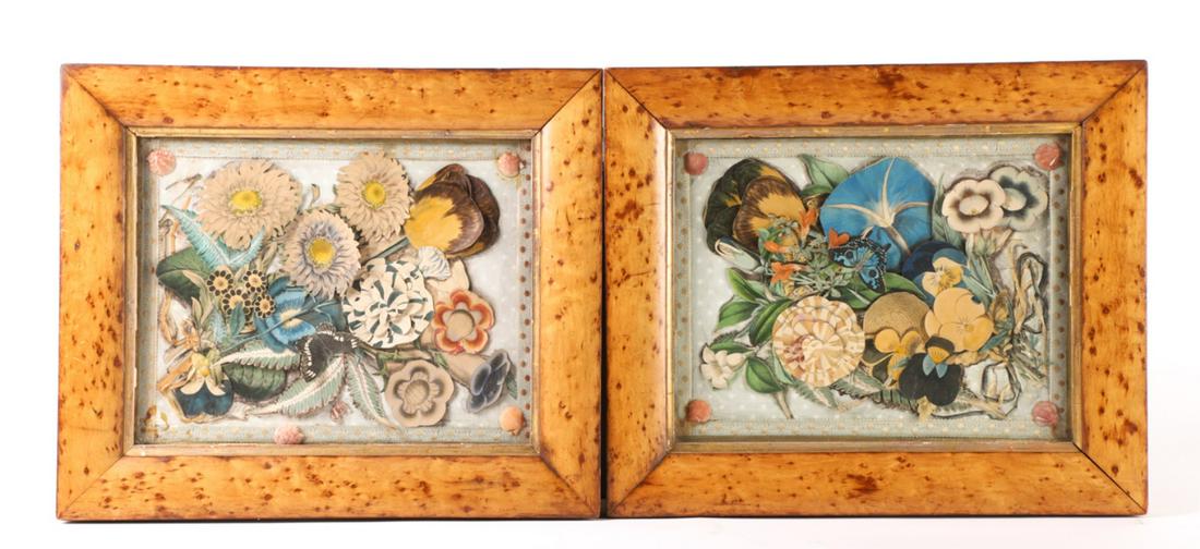 (19th c) PAIR OF CUT PAPER FLORAL COLLAGES: Watercolor and pen and ink on cut paper applied to a cloth background and presented in a birds eye maple frame. 14 1/2 x 17 inches