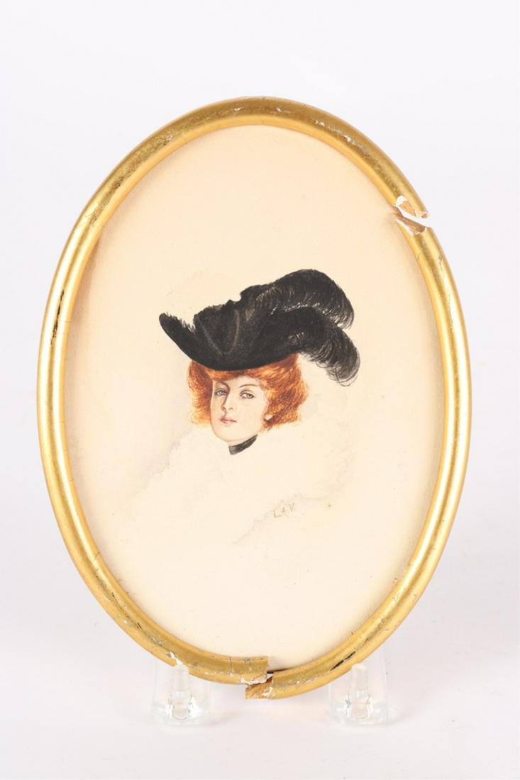 GIBSON GIRL ERA PORTRAIT of a WOMAN in HAT: Signed Laura, A. V. and dated 1903. watercolor 7 x 5 1/2 inches.