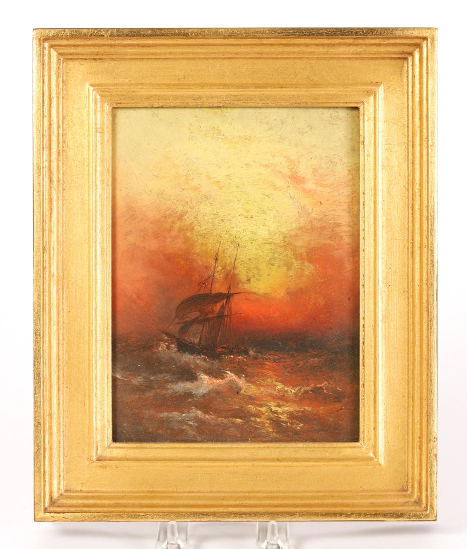 (19th c) LUMINOUS SCHOOL: "Ship in Rough Waters at Dusk" oil on panel 8 x 6 inches. unsigned. framed 11 x 9 inches (including frame)